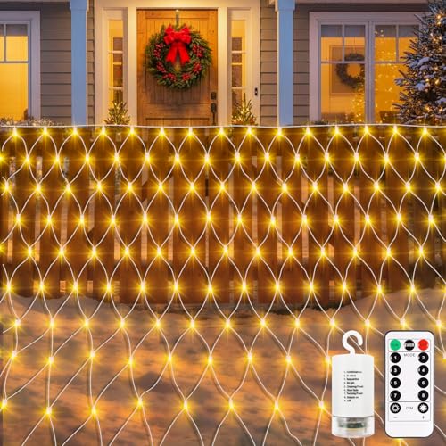 CCILAND 3 m x 2 m Batterienetz-Lichter 200 LED-Netzlichter mit Fernbedienung 8 Modi Lichterkette für den Außenbereich wasserdicht dimmbar für Hinterhof Schlafzimmer Decke Terrasse Baumdekor