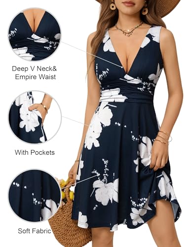 Image of OURIN Women's Spring Deep V Neck Sleeveless Floral Sundresses with Pockets Flowy Summer Dresses for Women