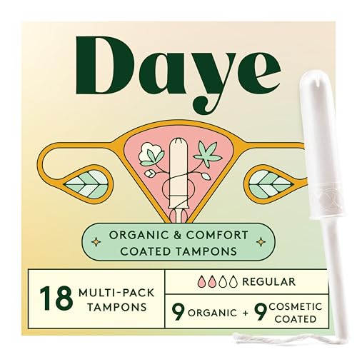 Daye Paquete mixto de tampones con aplicador de caña de azúcar, 9 orgánicos + 9 CBD, funda que no se desprende, envoltura desechable segura para el océano, 100% algodón orgánico, absorción regular, 18