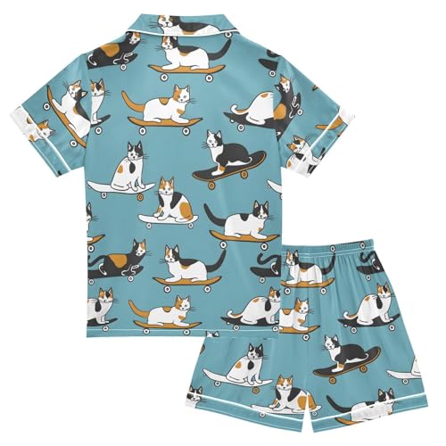 ALAZA Cat Skateboard Kitten Satin Pajamas Set Short Sleeve Button Down Sleepwear Summer Pjs 2 Piece2