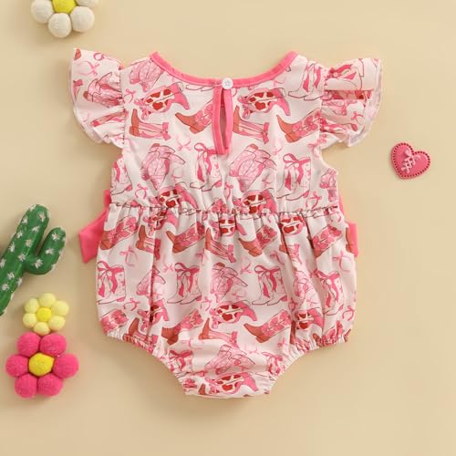 Western Baby Girl Outfit Cowgirl Smocked Bubble Romper Flutter Sleeve Bodysuit Cute Bow Onesie Newborn Summer Clothes3