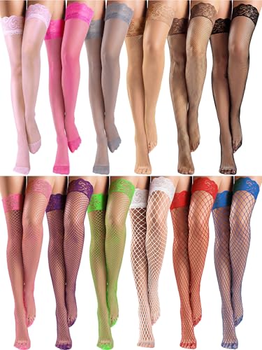 Image of Bencailor 4 /6 /12 Pairs Fishnet Thigh High Stocking for Women Silicone Lace Top Sheer Over Knee Stockings