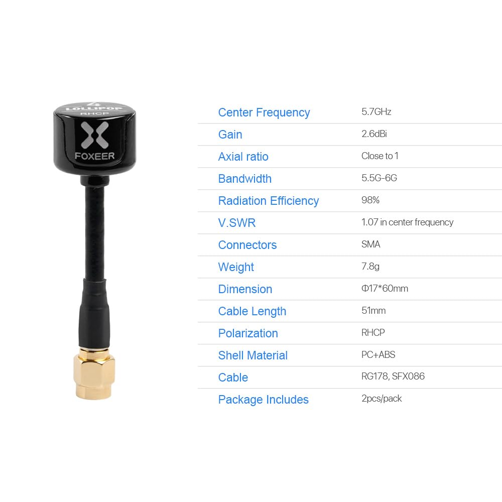 2pcs FOXEER FPV Antenna Lollipop 4 Versione aggiornata 5.8GHz RHCP 2.6Dbi SMA per FPV Racing Drone Fatshark Goggles TX/RX