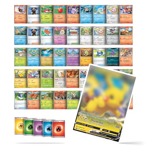 Pack de 50 Cartas Originales en Inglés, Caja de Regalo Catsome Compatible con Cartas Pokémon 45 Cartas comunes + 5 energias + 1 Carta V, VMAX, RARA o Reverse Holo Compatible con Pikachu para Navidad