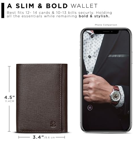 Image of SERMAN BRANDS Trifold Wallet for Men - RFID Blocking Full Grain Leather, 11 Card Slots & ID Window, Slim Everyday Carry, Durable Stitching, Gift for Him