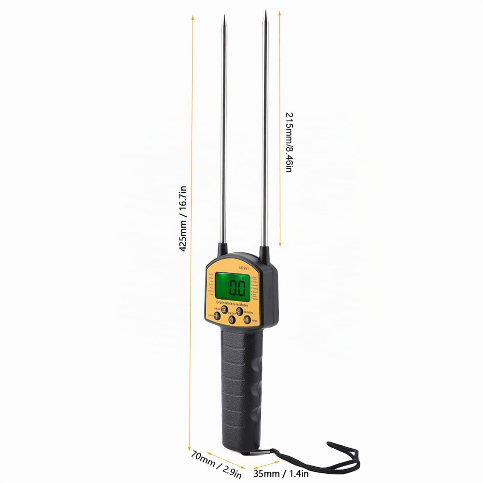Smart Sensor AR991 Misuratore di Umidità Digitale LCD, per Cereali, Grano, Mais, Riso, Arachidi, Soia, Display Retroilluminato, 425x70x35mm, Sonda in Acciaio a Doppia Asta