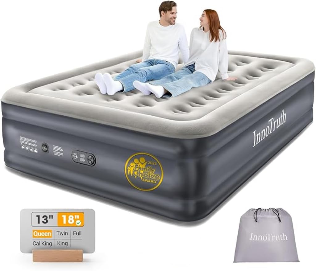 InnoTruth Air Mattress Queen with Built in Pump, Inflatable Mattress Blow up Mattress, Family Choice Award Winner, 18" Colchones Inflables Foldable Air Bed for Guest & Home, Ideal for Camping, 650lbs