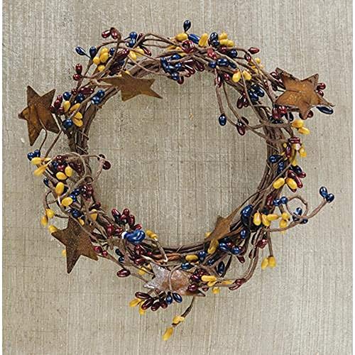 BCD Colonial Mix Pip Ring Wreath W/Rusty Stars Navy Burgundy Mustard Berries Country Primitive Floral Décor