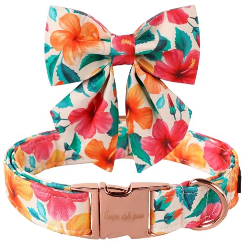 Unique style paws Dog Collar, Colorful Flower Dog Collar, Adjustable Comfortable Cotton Bow Tie Collar for Boy Girl Dogs, Bowtie Collar with Metal Buckle, S, Neck 10-16in