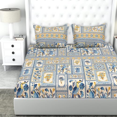Image of HOMEKART 100% Cotton Feel Double Bed Bedsheet Set | 180tc to 220tc Soft & Breathable with 2 Pillow Covers | Wrinkle Free | for Bedroom & Gifting (Color -Blue & Beige, 90 x 90 Inches)