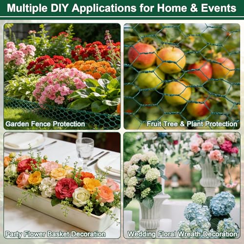 Image of Floral Chicken Mesh for Craft, 4 x 236 Inch Galvanized Hexagonal Netting Roll, Lightweight Garden Poultry Fence for Coop & Rabbit, Metal Mesh Kit with Gloves, Ties and Plier