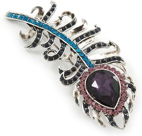 Stunning Vintage Inspired 'Peacock Feather' Brooch In Rhodium Plating (Teal/Dark Blue/Purple) - 80mm Length - Image 3