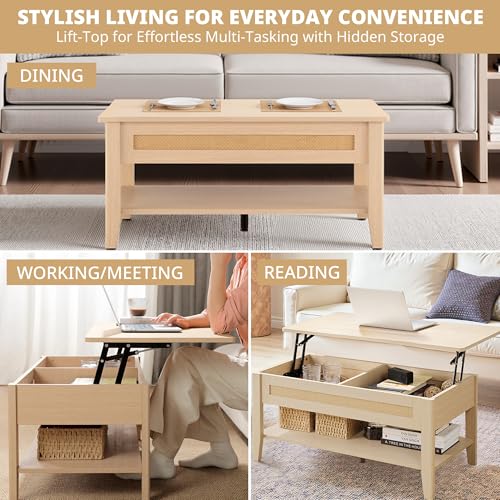Image of Ink+Ivy Wood Lift Top Coffee Table with Hidden Compartment and Large Storage Shelf, Boho Modern Rattan Dining Rectangle Center Table for Home Living Room Office, 34.5 inch W, Natural