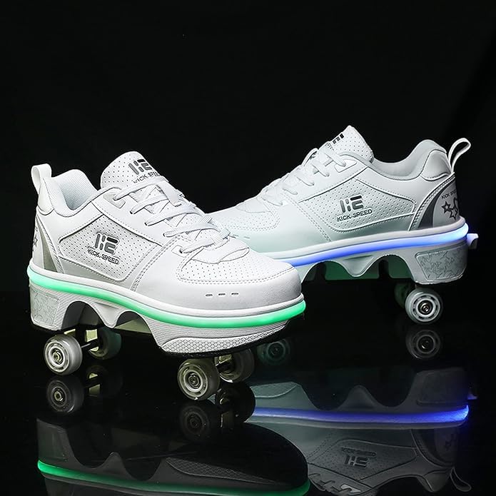 Image of Bequest Roller Skates for Women Outdoor,Shoes with Wheels for Girls /Boys,Kick Rollers Shoes Retractable Adults /Kids,Quad Roller Skates Men,Unisex Skating Shoes Recreation Sneakers, White (34 Euro)