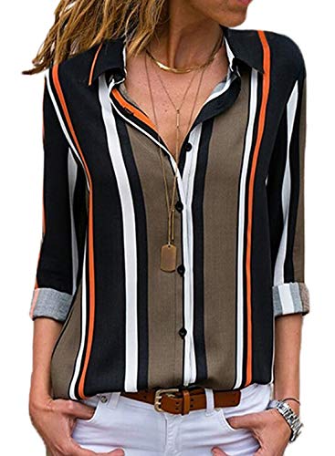 Aleumdr Bluse Damen Langarm V-Ausschnitt Hemdbluse Business Hemd Revers Kragen Bluse Hemd Oberteil Tunika Casual Top Langarmshirts mit Knopfleiste Frauen Oberteile Herbst und Summer Schwarz L