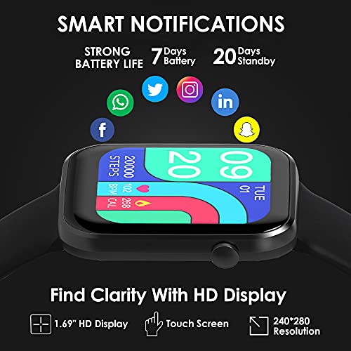 Image of Probus P15 Full Touch Smart Watch 1.69 inch Industry Leading Display With 7 Days Battery Life, IP67 Water Resistant ,Blood Oxygen and Heart Rate Monitor, Sleep & Step Tracker, Smart Notification And Multiple Watch Faces(Black)