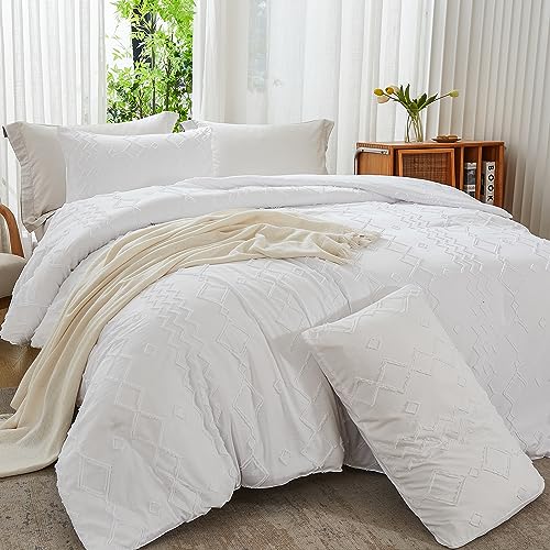 Andency White Tufted Comforter Set Queen(90X90Inch), 3 Pieces(1 Tufts Comforter, 2 Pillowcases) Boho Textured Farmhouse Comforter, Microfiber Down Alternative Geometric Comforter Bedding Set #TOP6