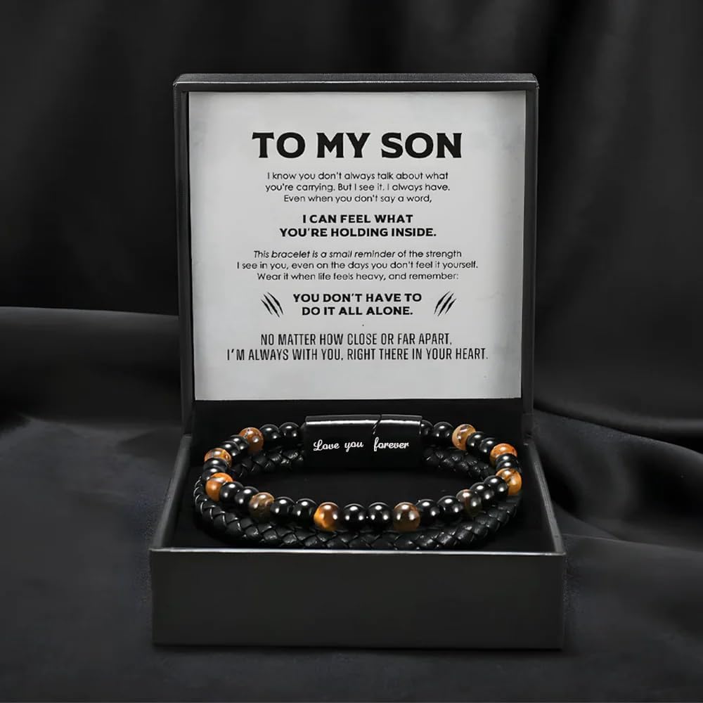 The Guardian - Son'S Tiger Eye Bracelet, Shielded By Love To Son Leather Black Bead Cuff Bracelet From Mom Dad Birthday Jewelry Gift For Men - Image 7