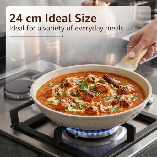 Image of Amazon Basics Ceramic nonstick Coating Fry Pan 24 cm| BPA-Free & PFOA-Free | Even Heat Distribution | Induction & Gas Compatible | Stay-Cool Handle | Dishwasher Safe | Ivory