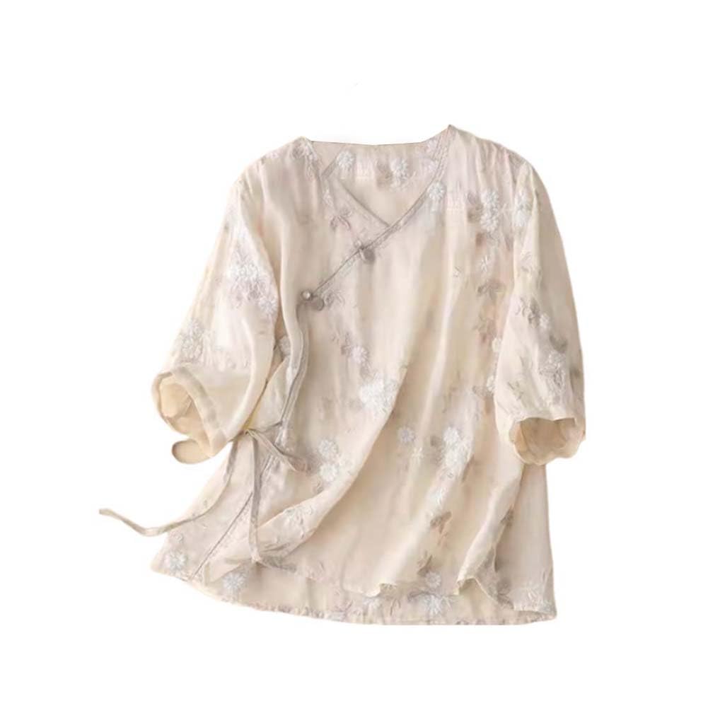Summer Hanfu - Blusa holgada de algodón, manga 3/4, ropa tradicional china con botones de rana china, A13-14