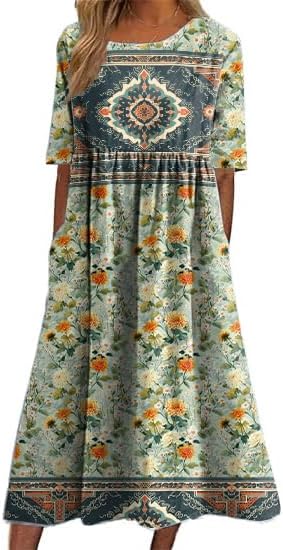 Boho Dress for Women Floral Print Short Sleeve Crewneck Plus Size High Waist Smocke...