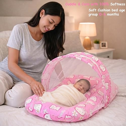 Image of Fareto Combo Of Baby Cotton Mattress With Net | Sleeping Bag | 4 Pcs Bedding Set(0-6 Months, Pink, Size)