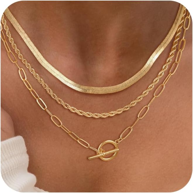 CHESKY Layered Necklaces for Women, 14K Gold Plated Chain Necklace Women Trendy Cuban Link Paperclip Chain Toggle Clasp Necklace Fashion Chunky Jewelry for Women