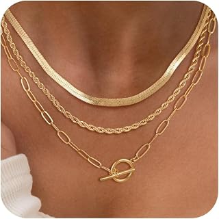CHESKY 3-Layer 14K Gold Plated Herringbone Rope Chain Necklace Set for Women - Trendy Tangle-Free Stacked Jewelry