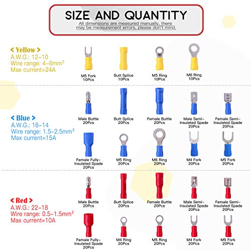 Hilitchi 440Pcs 22-16/16-14/12-10 Gauge Electrical Insulated Ring Bullet Butt Spade Fork Splice Crimp Wire Terminals Connectors Assorted Kit - Thumbnail 2