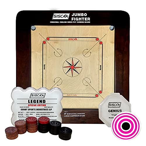 Siscaa Jumbo Fighter Natural Brown Carrom Board 36mm Fast English Birch Ply Best Carrom Board ( Includes Siscaa Legend Special Editon Coin Set and Genius Striker )