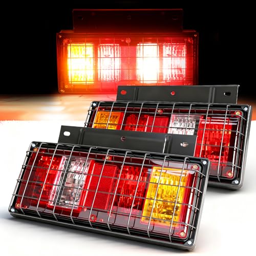 Image of 2 Pack Truck Tail Lights Kit with Iron Net Protection, Super Bright Waterproof Brake Turn Signal Reverse Fog Lights for Trailer, RV, Boat & Camper 12 /24V Halogen With Bulbs