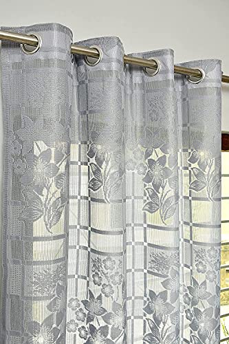 Image of Fabrilia Heavy Polyester Net Semi Sheer Fancy Grommet Curtains, Floral Design, Grey, Long Door- 4 Feet X 9 Feet, Pack Of 2 Pcs