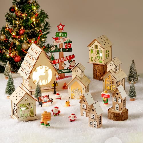 29pcs Christmas Village Sets Lighted DIY Wooden Christmas Village Houses for Crafts Accessories Wood House to Paint with Xmas Miniatures Trees Winter Snow Xmas Display Ornaments Craft Gift