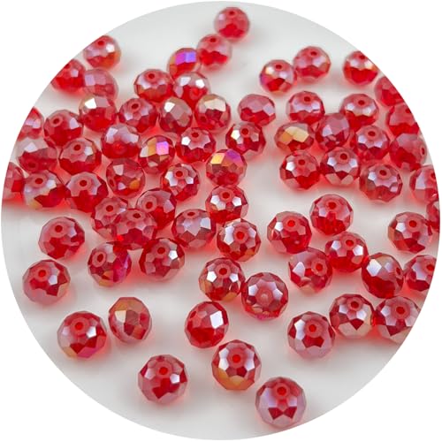 Mulutoo 150Pcs 8MM Briolette Crystal Glass Beads Faceted Rondelle Glass Beads with Hole Glass Spacer Beads for Jewelry Making Bracelet Necklace DIY Craft Making Supplies(142-medium red AB)