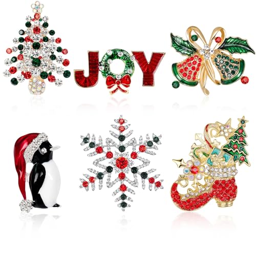 Image of 6 Pieces Merry Christmas Pins Brooch, Rhinestone Crystal Christmas Pin Enamel Christmas Bells Snowflake Penguin Brooch Christmas Decoration Ladies Holiday Gift Jewelry Party