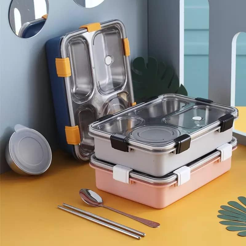 Image of Storescent Lunch Box with Compartment, Leak-Proof BPA Free Stainless Steel for School, Lunch Box for School & Office with a Fork, a Spoon and a Pair of Chopsticks (Grey, 4 Compartment)
