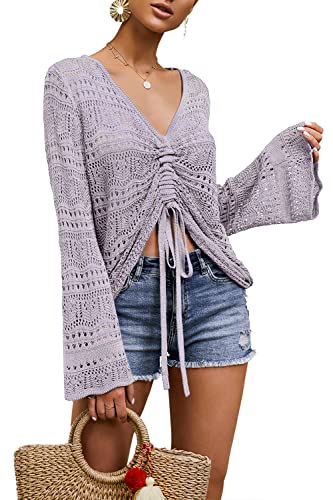 Image of Saodimallsu Womens Boho Off Shoulder Sheer Crop Tops Bell Sleeve Flowy Oversized Crochet Ruched Pullover Sweaters