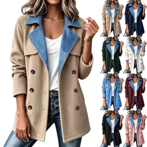 Trench Coat Women Denim Spliced Double Breasted Coat Notched Lapel OverCoat - image 1
