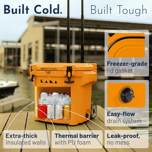 Image of Laka Cooler with Wheels - 30QT Rotomolded Insulated Rolling Hard Cooler, Telescoping Handle, Holds 24 Cans + Ice, Up to 7 Days Cold, Drain Plug, Cup Holders + Bottle Opener, Beach /Camping /Boat