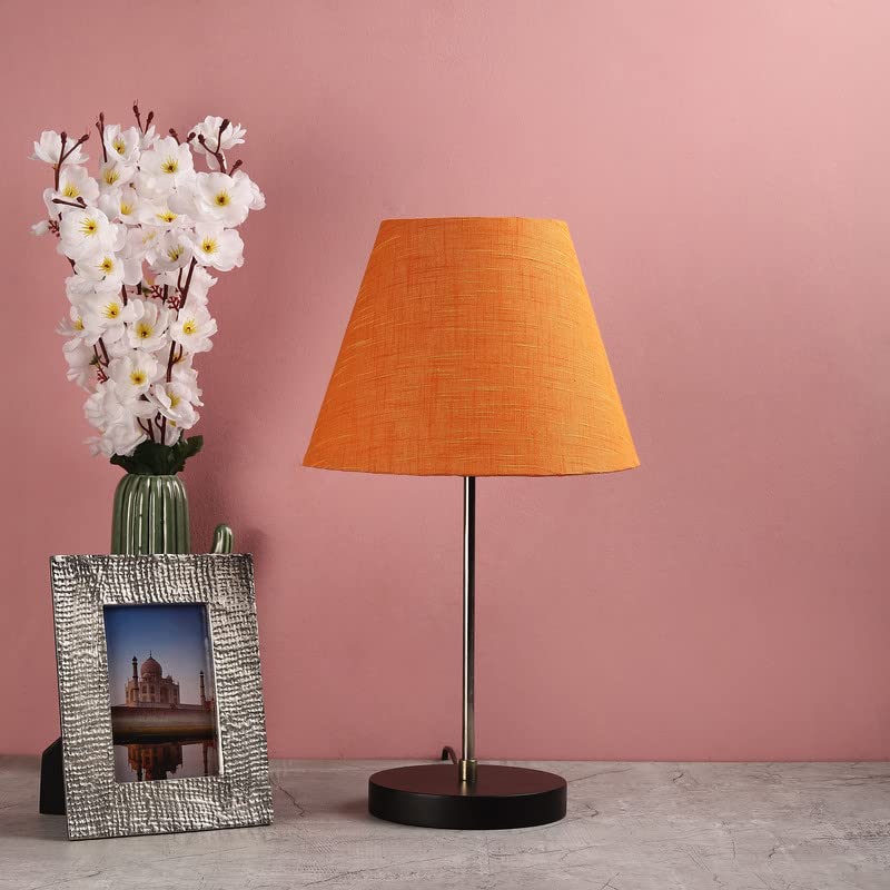 Image of Silver Table Lamp with Handmade Conical Orange Texture Shade, Minimalist Design, for Couple Dinner /Coffee Table /Restaurant /Bedroom, On /Off Switch Long Wire