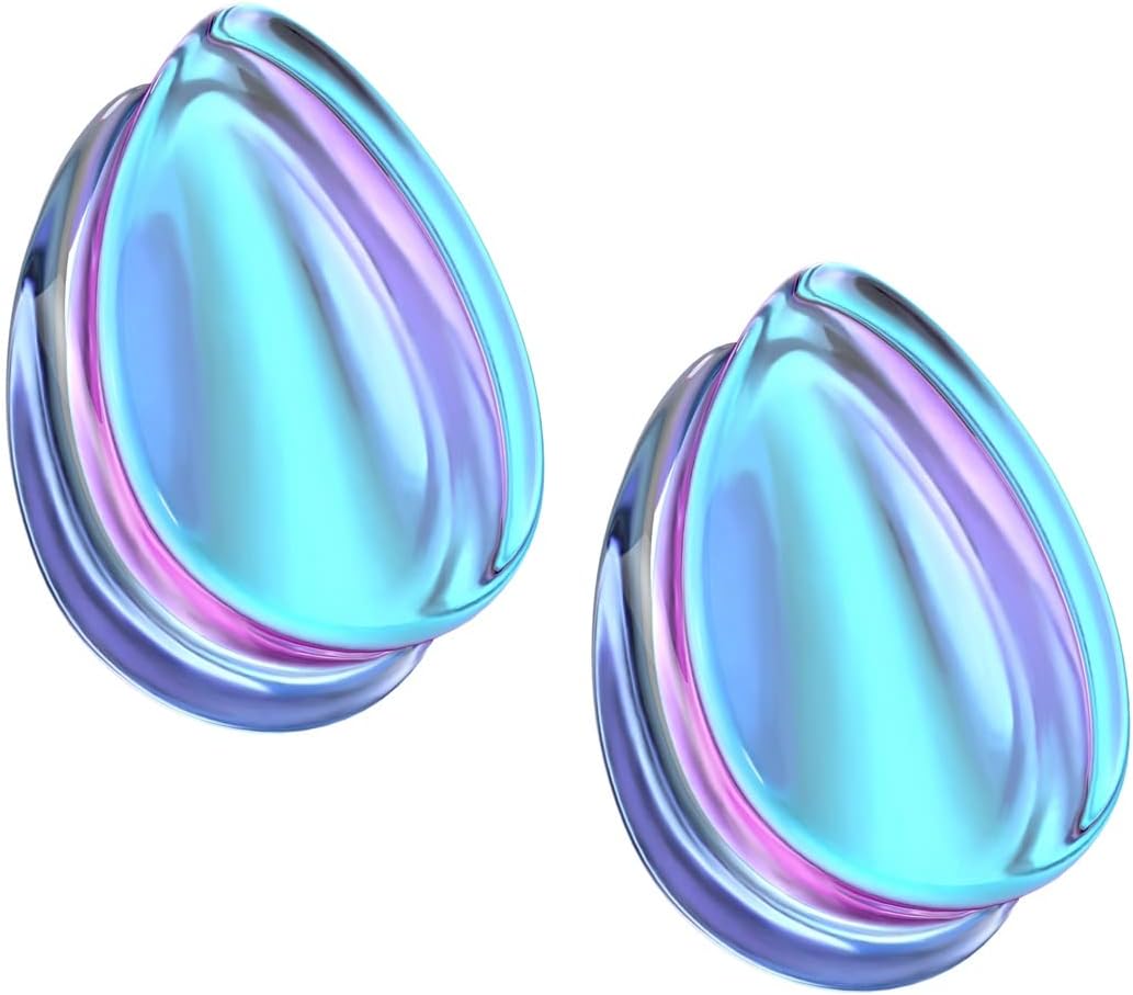 Pierced Owl Purple Iridescent Glass Tear Drop Shaped Double Flared Plug Gauges, Sold as a Pair (19mm (3/4"))