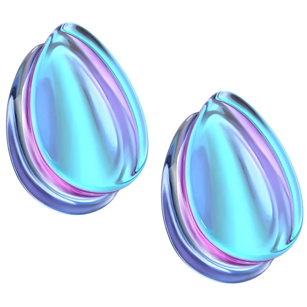 Pierced Owl Purple Iridescent Glass Tear Drop Shaped Double Flared Plug Gauges, Sold as a Pair