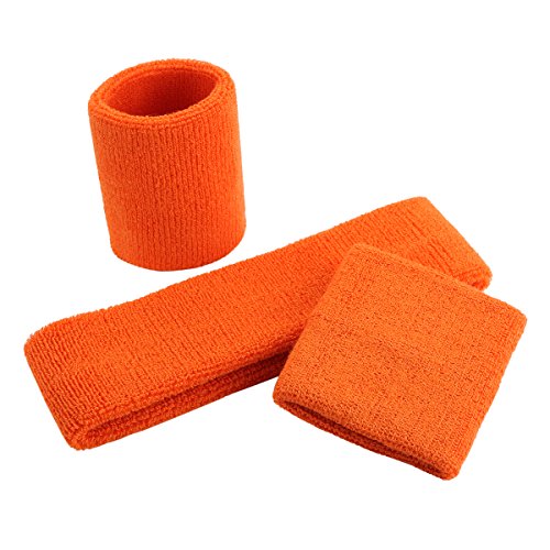 Image of ONUPGO Orange Sweatband Set Sports Headband Wrist Striped Sweatbands Terry Cloth Wristband Athletic Exercise Basketball Wrist Sweatband and Headbands Moisture Wicking Sweat Absorbing Head Band