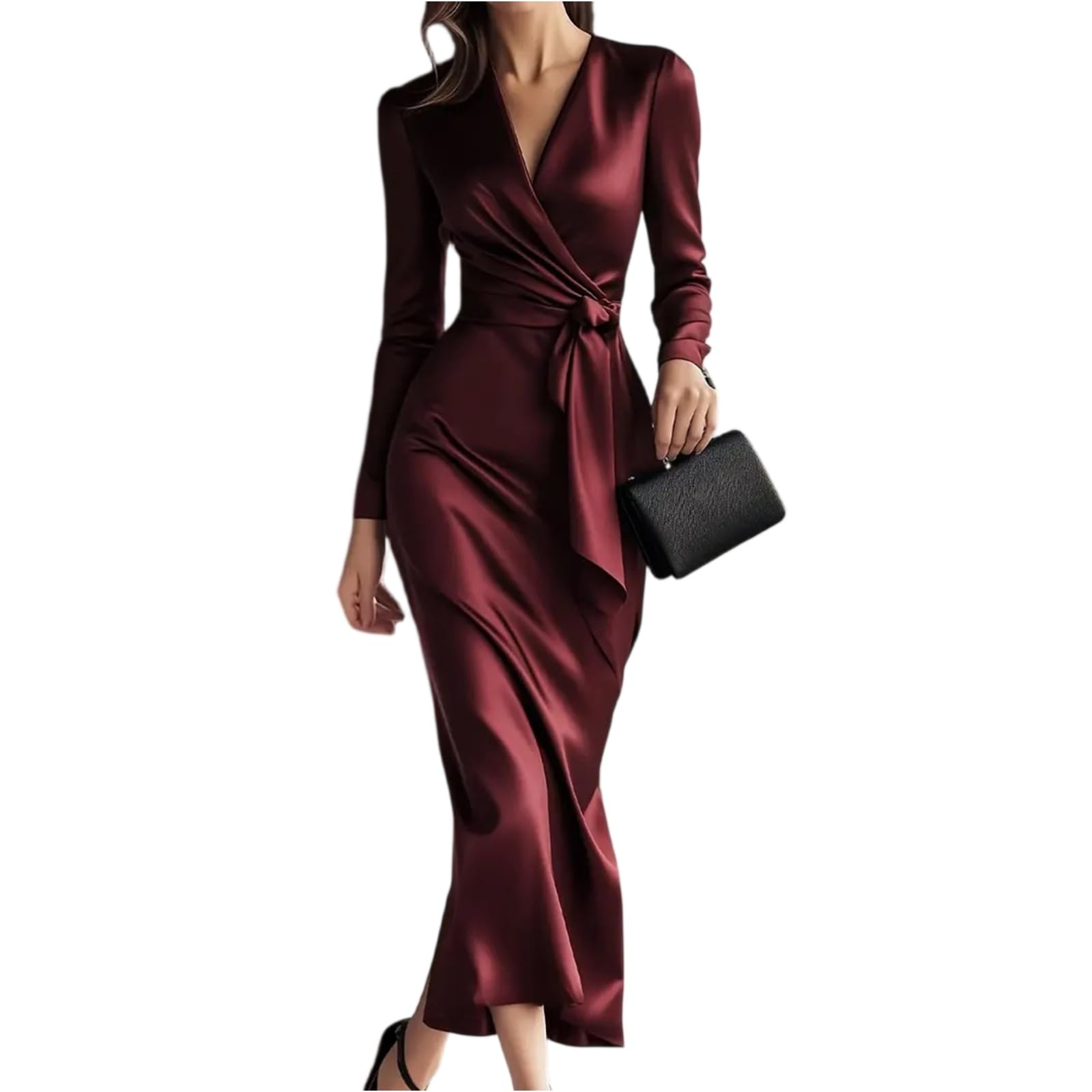 Prom Evening Gowns Elegant V Neck Long Sleeve Wrap Formal Long Wedding Guest Dress S-2Xl