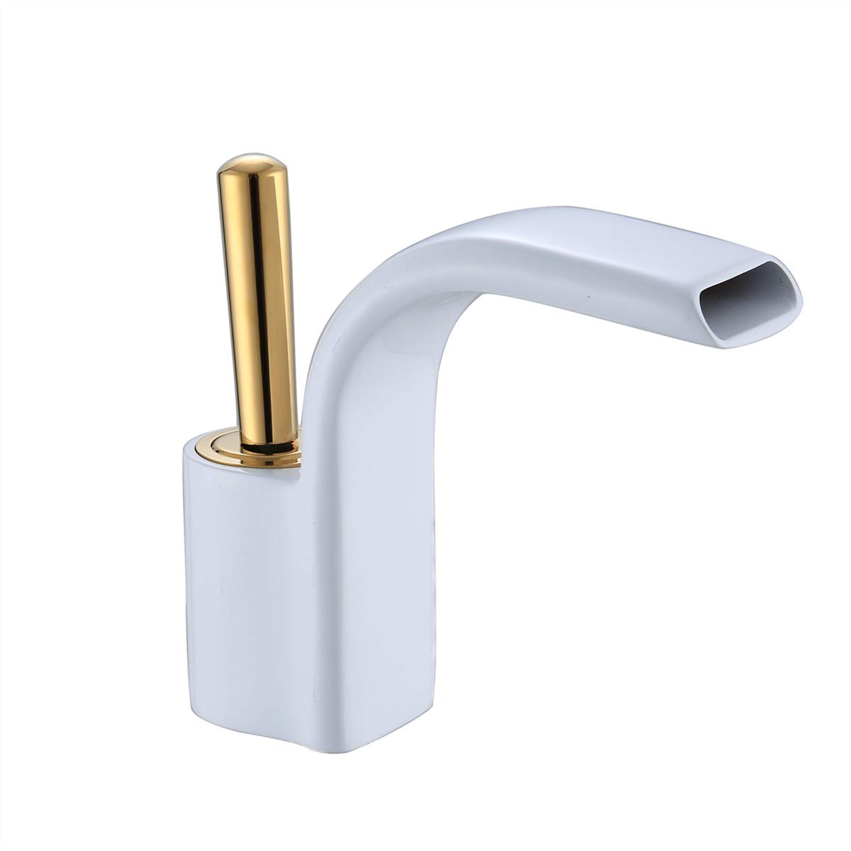 YUELIFE Single Handle Waterfall Bathroom Faucet with Lead Free Brass Body and Wide Spout, Commercial Deck Mounted Bathroom Faucets with Supply Hose, Gold and White