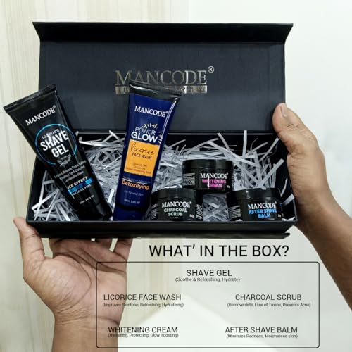 Image of Mancode Grooming Gift Set - The Ultimate Glow Kit for Men | Complete Grooming Kit | Hydrates & Revitalizes Skin (Shave Gel,Face Wash,After Shave Balm,Whitening Cream,Scrub) Stylish Gift Box Pack of 5
