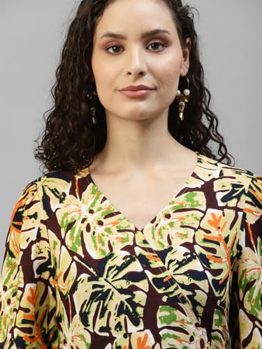 Image of DEEBACO Women's Tropical Print Rayon Peplum Top & Pants Co-Ord Set for Women V-Neck Puff 3 /4 Sleeves Ladies Party Casual Wear Fashionable for Girls Relaxed Fit Cord Set (DBCOMR00001097 L Multicolor)