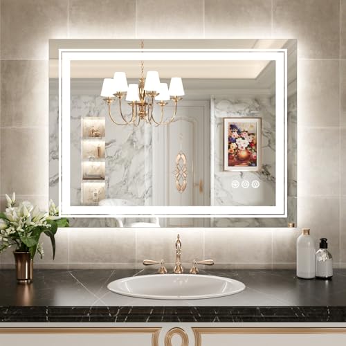 Image of WTTY LED Bathroom Mirror 40 inchx36 inch with RGB Backlit and Front Light,Stepless Dimmable LED Mirror for Bathroom,Lighted Bathroom Vanity Mirror,Anti-Fog,Memory Function,Shatter-Proof,Wall Mounted