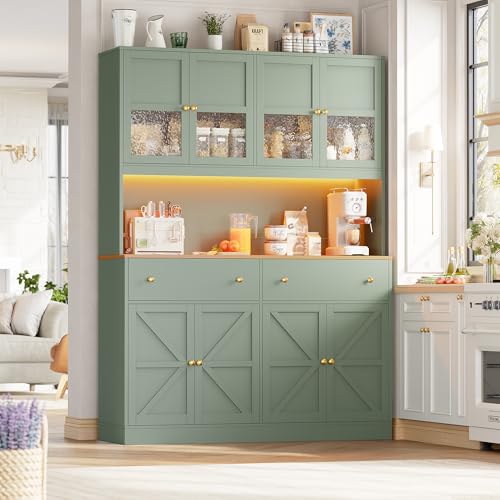 Image of FINETONES 71 inch Pantry Cabinet with LED Light and Charging Station, Farmhouse Kitchen Pantry Cabinet with Microwave Stand, 47.2 inch Wide Kitchen Hutch Food Pantry with Open Countertop, Green