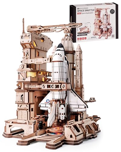 ROBOTIME 3D Space Shuttle Wooden Puzzle for Adults Dynamic Rocket Launch Model Building Kits with Lights AS Home Desktop Decoration for Men Gifts (446 Pieces 8 Hours Finished)